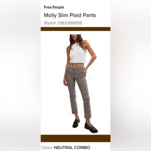 Free People Molly Slim Windsor Plaid Pants -Neutral Combo Brown/White NWT Size 2
